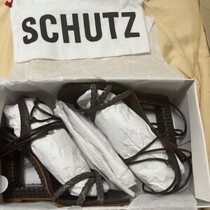 New SCHUTZ leather Filipa Braided heeled sandals in Dark Chocolate
